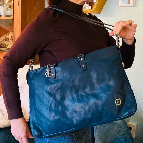 NWT A.S. 98 leather unisex Ocean Blue with black trim zipper satchel bag - Picture 5 of 13